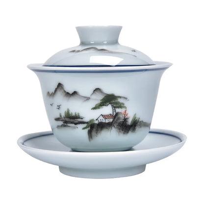 Hand-Painted Tea Tureen Set Ceramic Chinese Sancai Gaiwan Kung Fu Tea Set Celadon Teaware Bamboo Tea Bowl Cups