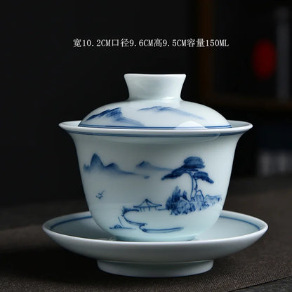 Hand-Painted Tea Tureen Set Ceramic Chinese Sancai Gaiwan Kung Fu Tea Set Celadon Teaware Bamboo Tea Bowl Cups