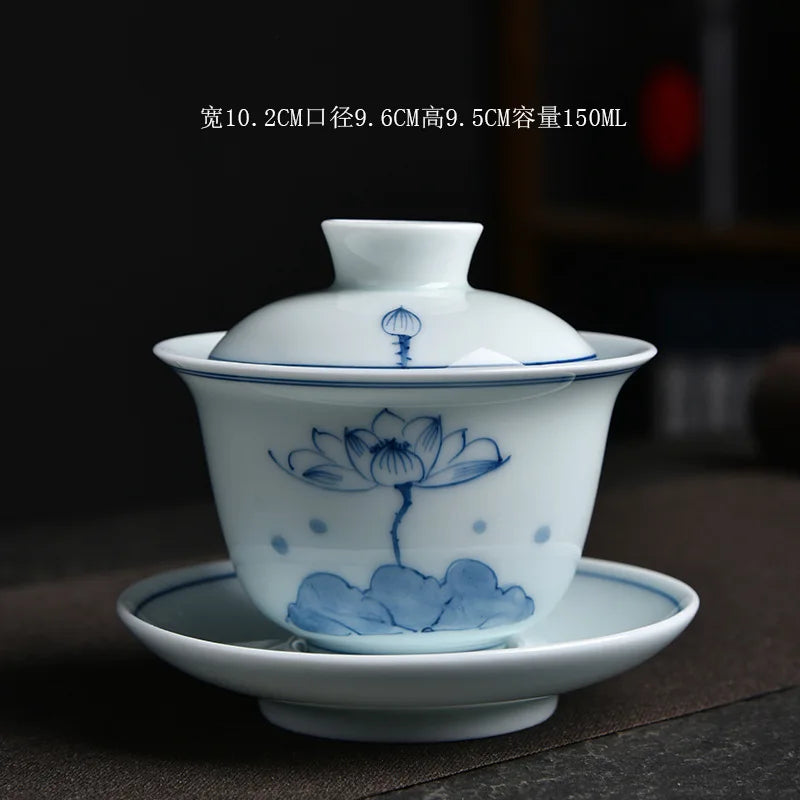 Hand-Painted Tea Tureen Set Ceramic Chinese Sancai Gaiwan Kung Fu Tea Set Celadon Teaware Bamboo Tea Bowl Cups