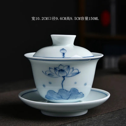 Hand-Painted Tea Tureen Set Ceramic Chinese Sancai Gaiwan Kung Fu Tea Set Celadon Teaware Bamboo Tea Bowl Cups