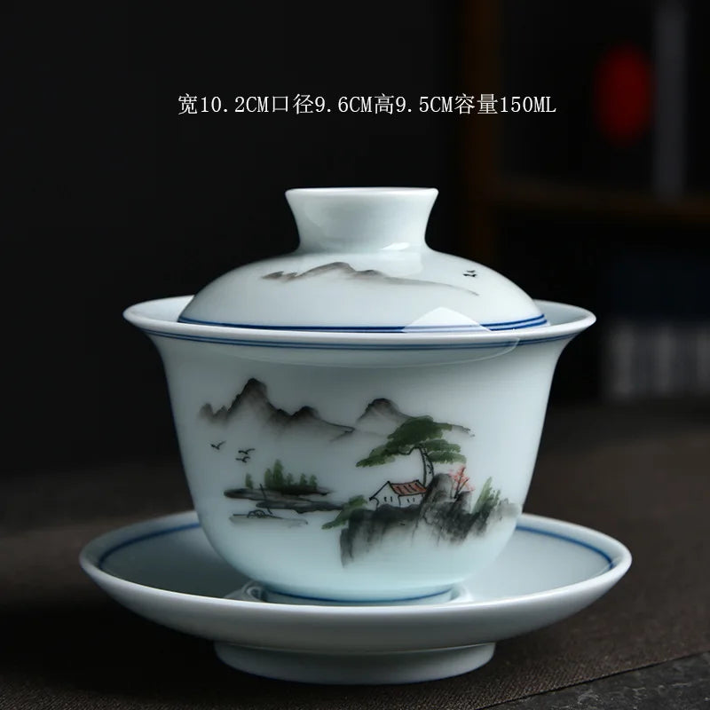 Hand-Painted Tea Tureen Set Ceramic Chinese Sancai Gaiwan Kung Fu Tea Set Celadon Teaware Bamboo Tea Bowl Cups