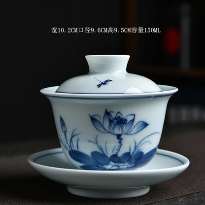 Hand-Painted Tea Tureen Set Ceramic Chinese Sancai Gaiwan Kung Fu Tea Set Celadon Teaware Bamboo Tea Bowl Cups