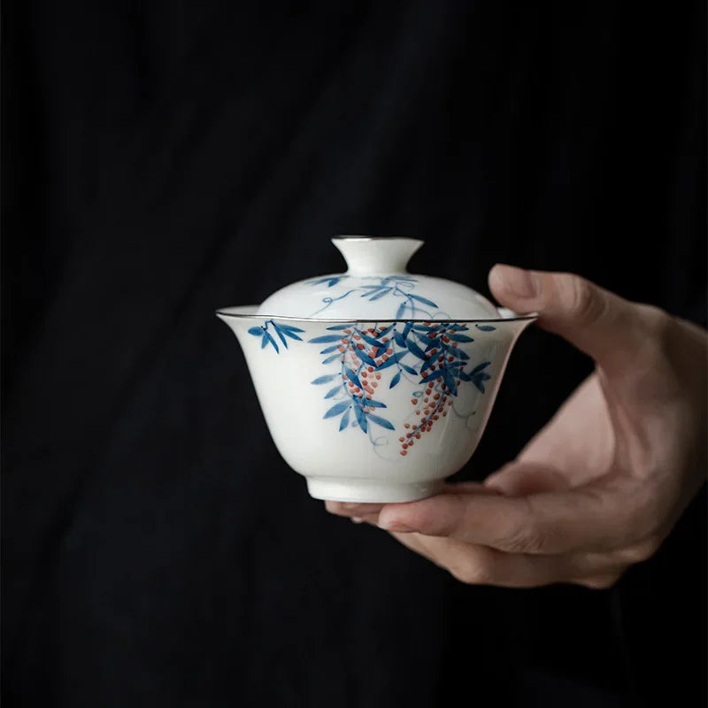 Hand Painted Vines Jade Porcelain White Gaiwan For Tea Tureen Teaware Cup Chinese Tea Bowls Chawan Tea Ceramony Set Lily Deng