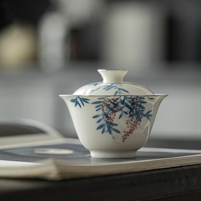Hand Painted Vines Jade Porcelain White Gaiwan For Tea Tureen Teaware Cup Chinese Tea Bowls Chawan Tea Ceramony Set Lily Deng