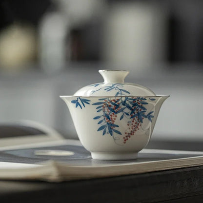 Hand Painted Vines Jade Porcelain White Gaiwan For Tea Tureen Teaware Cup Chinese Tea Bowls Chawan Tea Ceramony Set Lily Deng