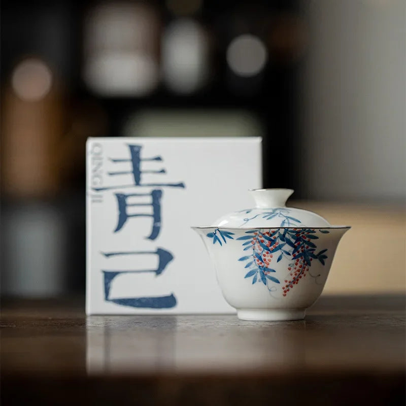 Hand Painted Vines Jade Porcelain White Gaiwan For Tea Tureen Teaware Cup Chinese Tea Bowls Chawan Tea Ceramony Set Lily Deng