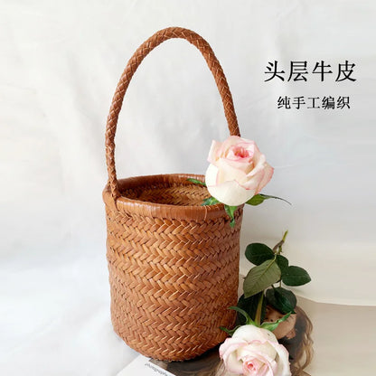 Hand Woven Bucket Bag 100% Genuine Leather Hollowed Out Woven Shoulder Bag Woven Inner Bag Vintage cowhide Bucket Bag
