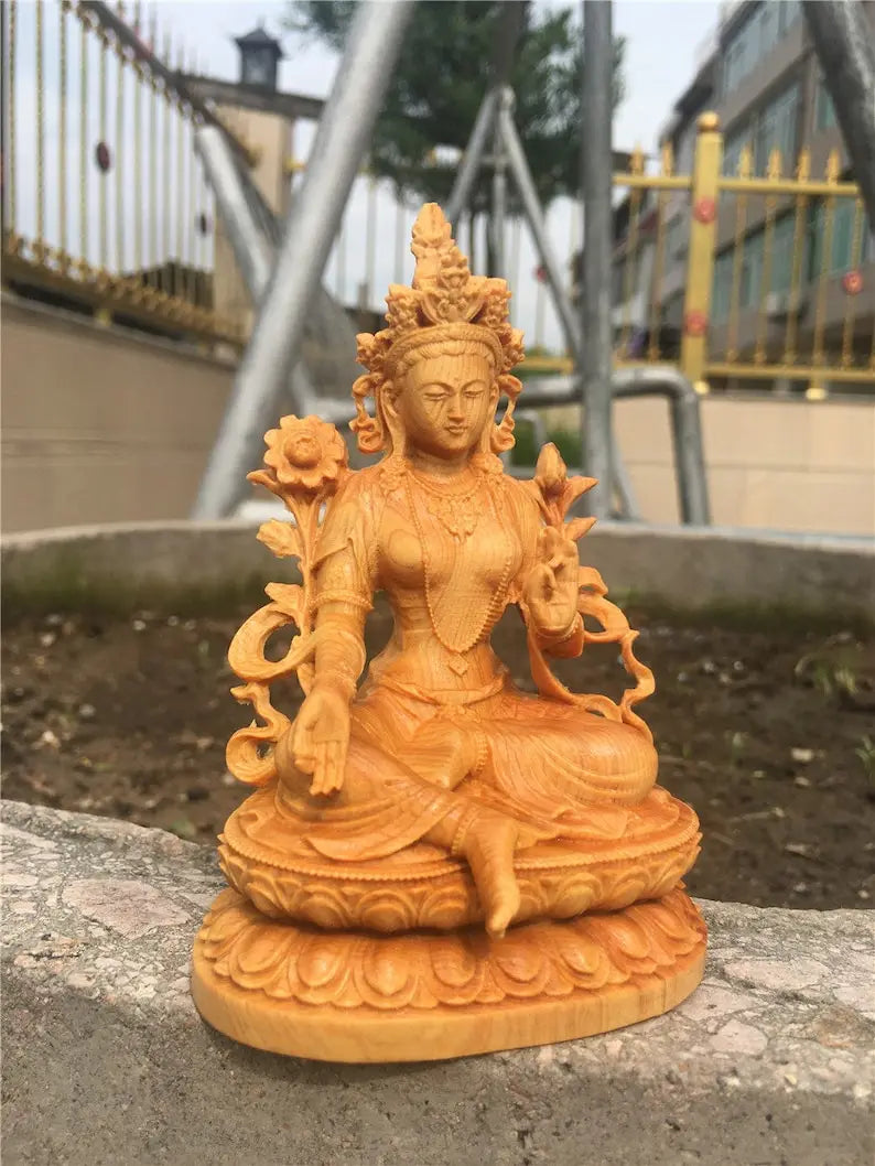Hand-carved Wooden Buddha Statue, Green Tara, Bodhisattva, Guanyin on, Lotus Base, Craft Ornament