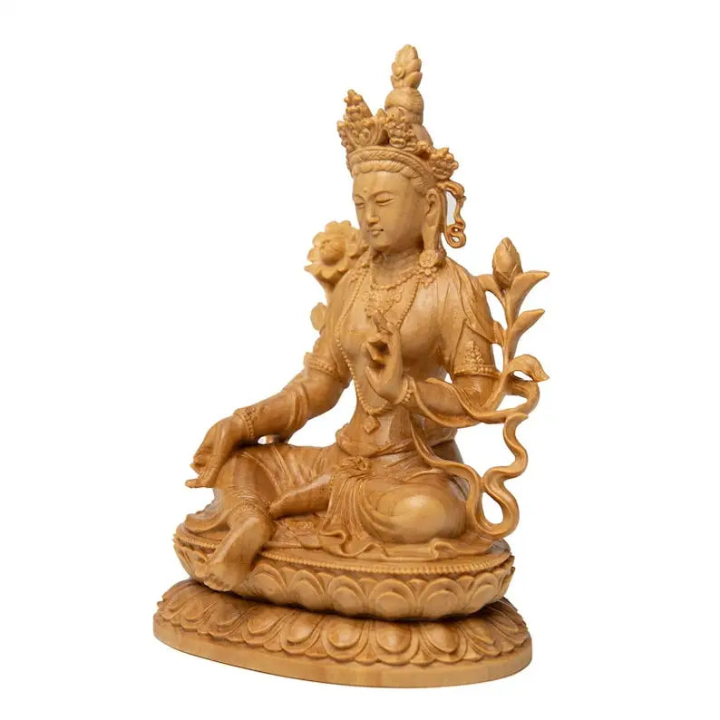 Hand-carved Wooden Buddha Statue, Green Tara, Bodhisattva, Guanyin on, Lotus Base, Craft Ornament