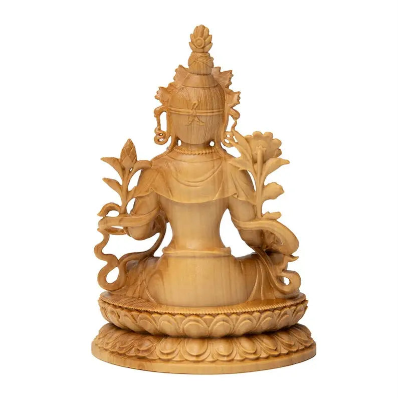 Hand-carved Wooden Buddha Statue, Green Tara, Bodhisattva, Guanyin on, Lotus Base, Craft Ornament