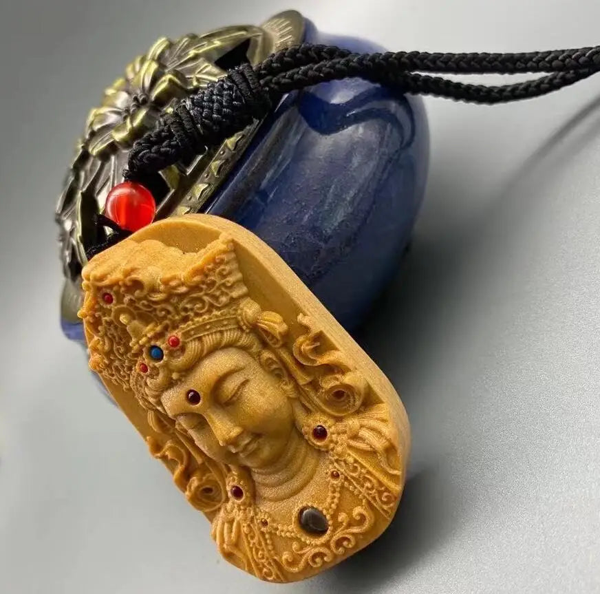 Hand-carved sandalwood Guanyin bodhisattva pendant statue