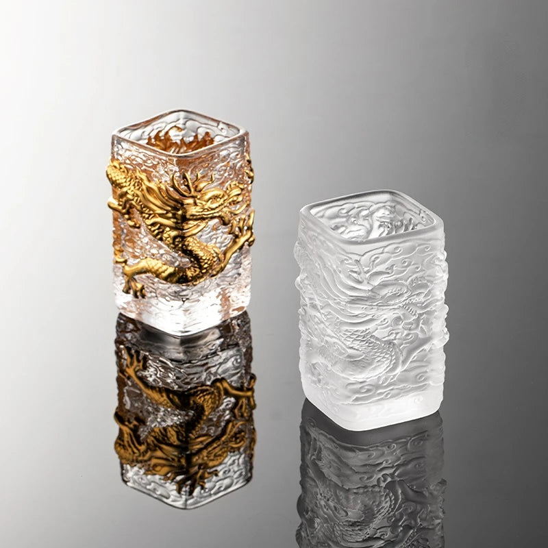 Hand-embossed Golden Tenglong Tea Cup Cups Crystal Glass Teacup Single Cup Kung Fu Tea Set Coffee Drinkware Kitchen Dining Bar