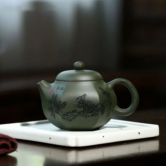 Hand-engraved Purple Clay Filter Kettle Raw Ore Green Mud Tea Pot Chinese Yixing Beauty Teapot Boutique Tea Sets Drinkware 210ml
