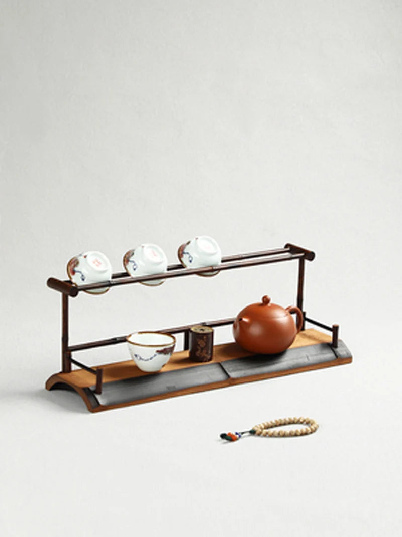 Hand made bamboo teacup rack drainage rack Chinese retro double-layer cup rack teapot tea set display taccessories