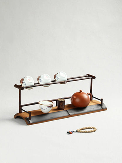 Hand made bamboo teacup rack drainage rack Chinese retro double-layer cup rack teapot tea set display taccessories
