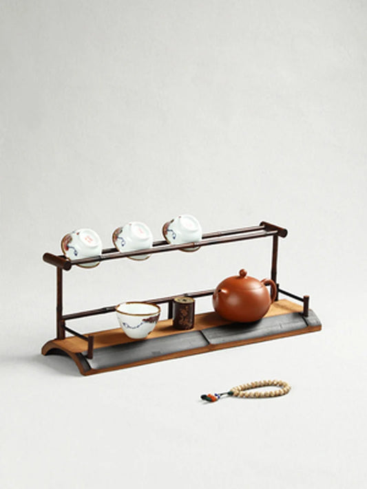 Hand made bamboo teacup rack drainage rack Chinese retro double-layer cup rack teapot tea set display taccessories
