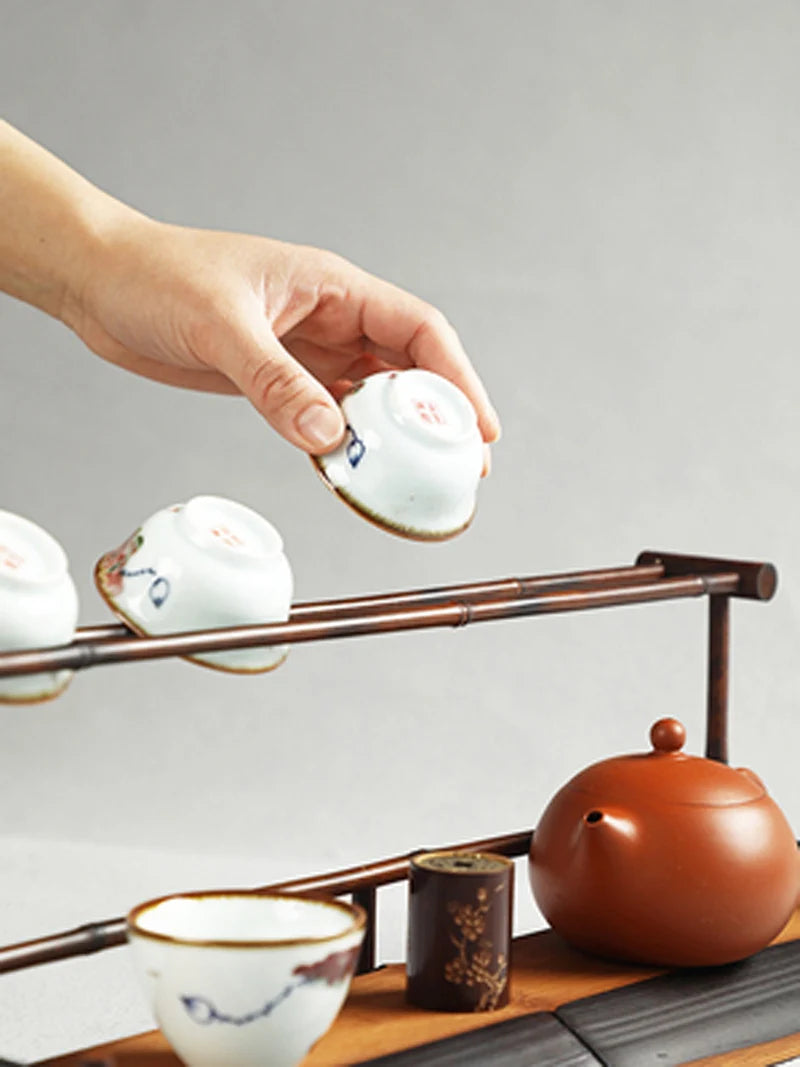 Hand made bamboo teacup rack drainage rack Chinese retro double-layer cup rack teapot tea set display taccessories