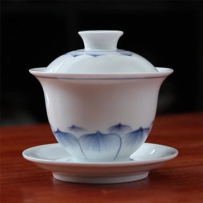 Hand-painted Ceramic Tea Tureen Chinese Portable Tea Maker Three-cai Gaiwan Home White Porcelain Tea Set with Cover Teacup 200ml
