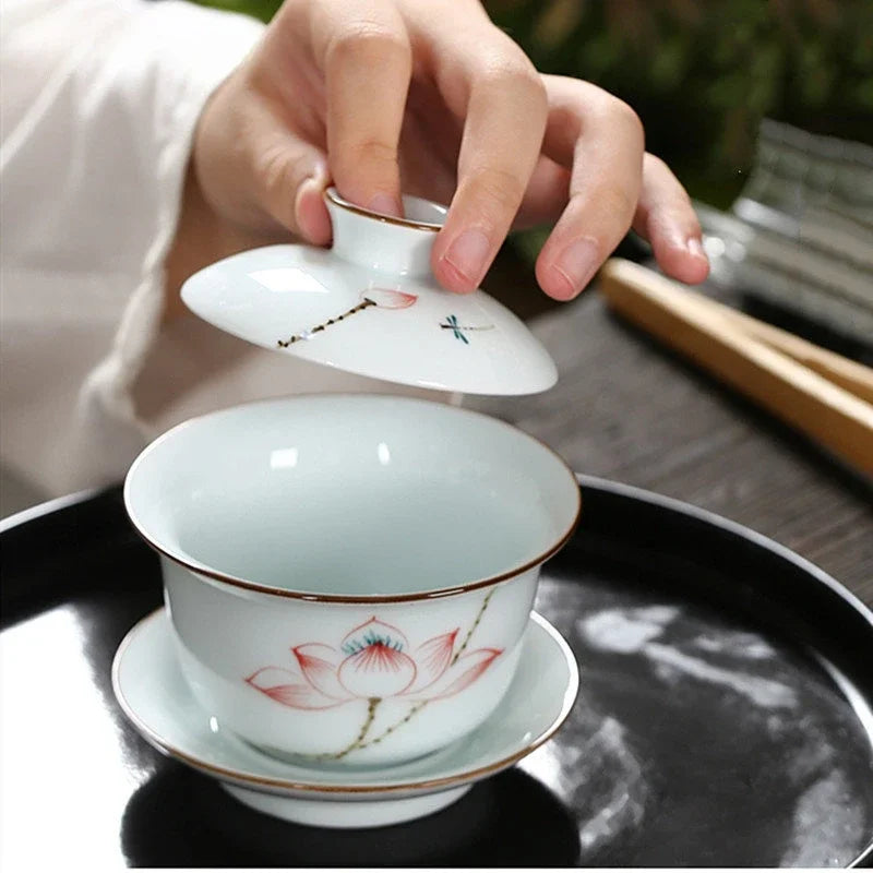Hand-painted Ceramic Tea Tureen Chinese Portable Tea Maker Three-cai Gaiwan Home White Porcelain Tea Set with Cover Teacup 200ml