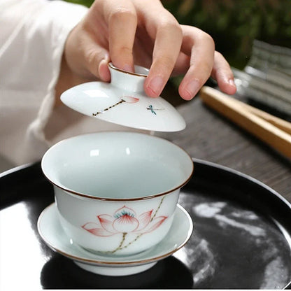 Hand-painted Ceramic Tea Tureen Chinese Portable Tea Maker Three-cai Gaiwan Home White Porcelain Tea Set with Cover Teacup 200ml