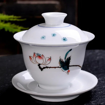 Hand-painted Ceramic Tea Tureen Chinese Portable Tea Maker Three-cai Gaiwan Home White Porcelain Tea Set with Cover Teacup 200ml