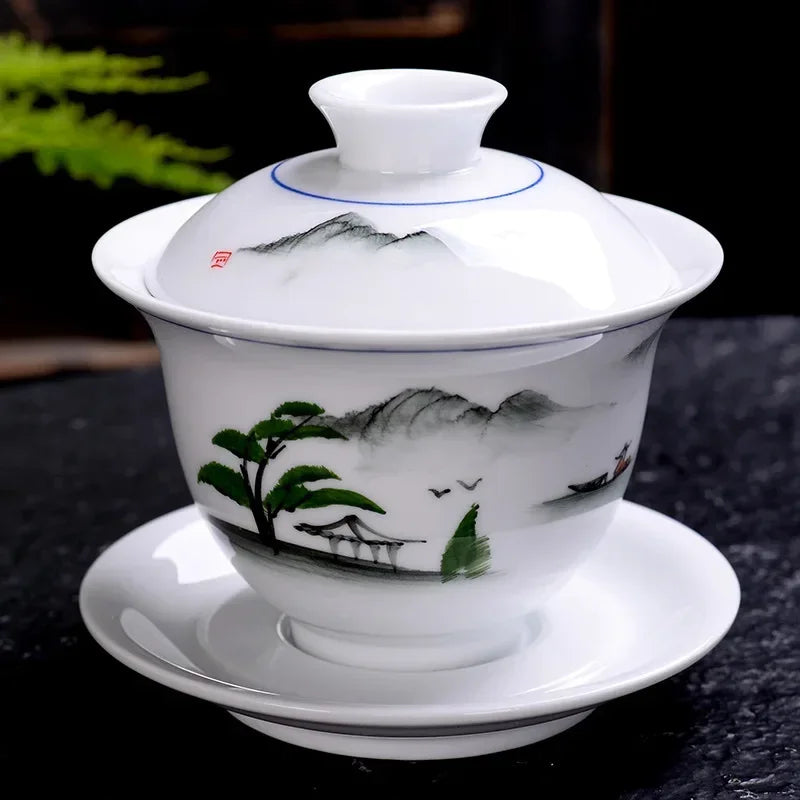 Hand-painted Ceramic Tea Tureen Chinese Portable Tea Maker Three-cai Gaiwan Home White Porcelain Tea Set with Cover Teacup 200ml