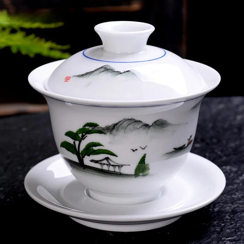 Hand-painted Ceramic Tea Tureen Chinese Portable Tea Maker Three-cai Gaiwan Home White Porcelain Tea Set with Cover Teacup 200ml
