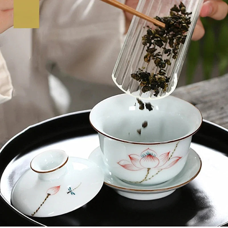 Hand-painted Ceramic Tea Tureen Chinese Portable Tea Maker Three-cai Gaiwan Home White Porcelain Tea Set with Cover Teacup 200ml