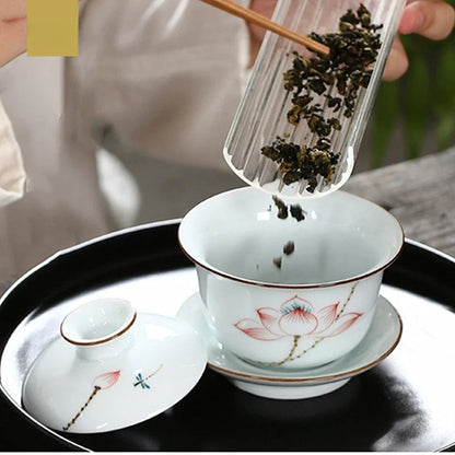 Hand-painted Ceramic Tea Tureen Chinese Portable Tea Maker Three-cai Gaiwan Home White Porcelain Tea Set with Cover Teacup 200ml