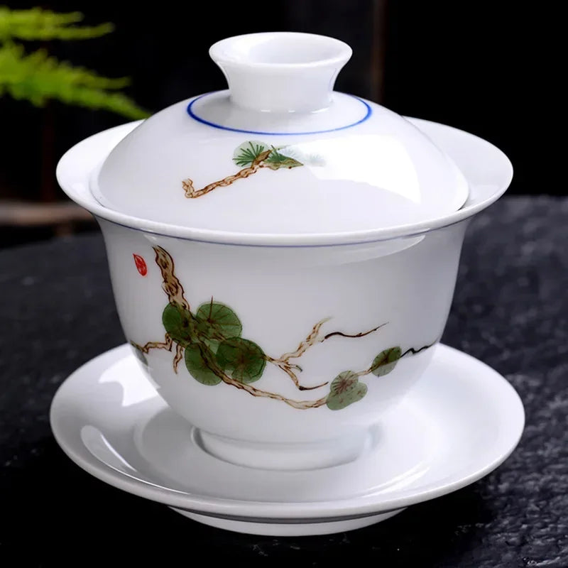 Hand-painted Ceramic Tea Tureen Chinese Portable Tea Maker Three-cai Gaiwan Home White Porcelain Tea Set with Cover Teacup 200ml