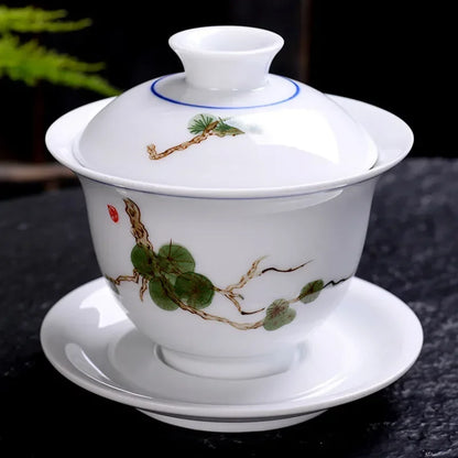 Hand-painted Ceramic Tea Tureen Chinese Portable Tea Maker Three-cai Gaiwan Home White Porcelain Tea Set with Cover Teacup 200ml