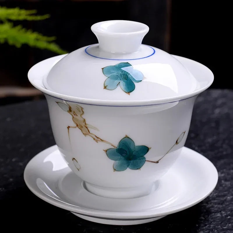 Hand-painted Ceramic Tea Tureen Chinese Portable Tea Maker Three-cai Gaiwan Home White Porcelain Tea Set with Cover Teacup 200ml