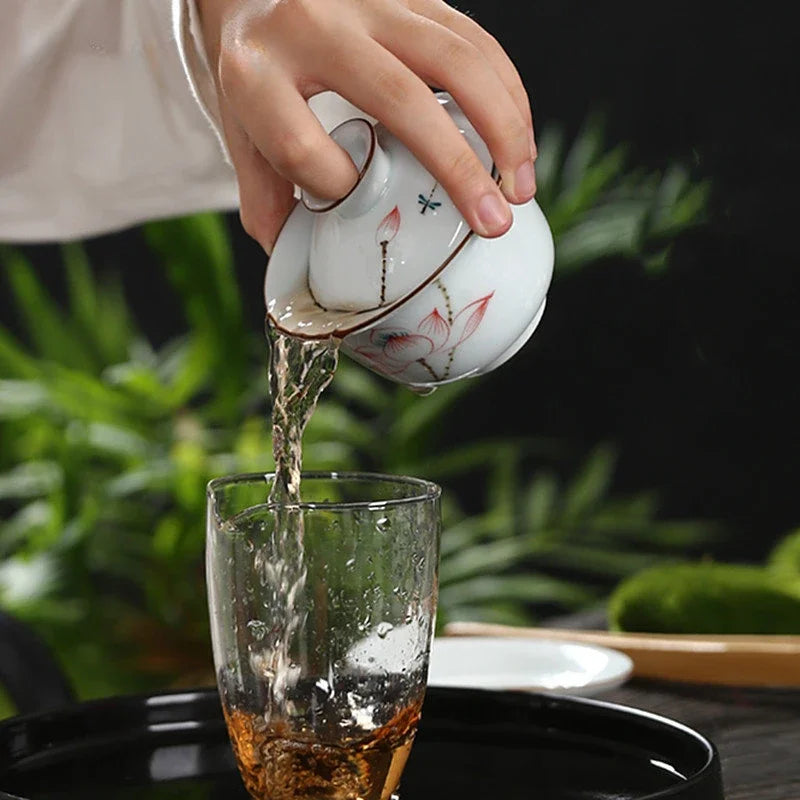 Hand-painted Ceramic Tea Tureen Chinese Portable Tea Maker Three-cai Gaiwan Home White Porcelain Tea Set with Cover Teacup 200ml
