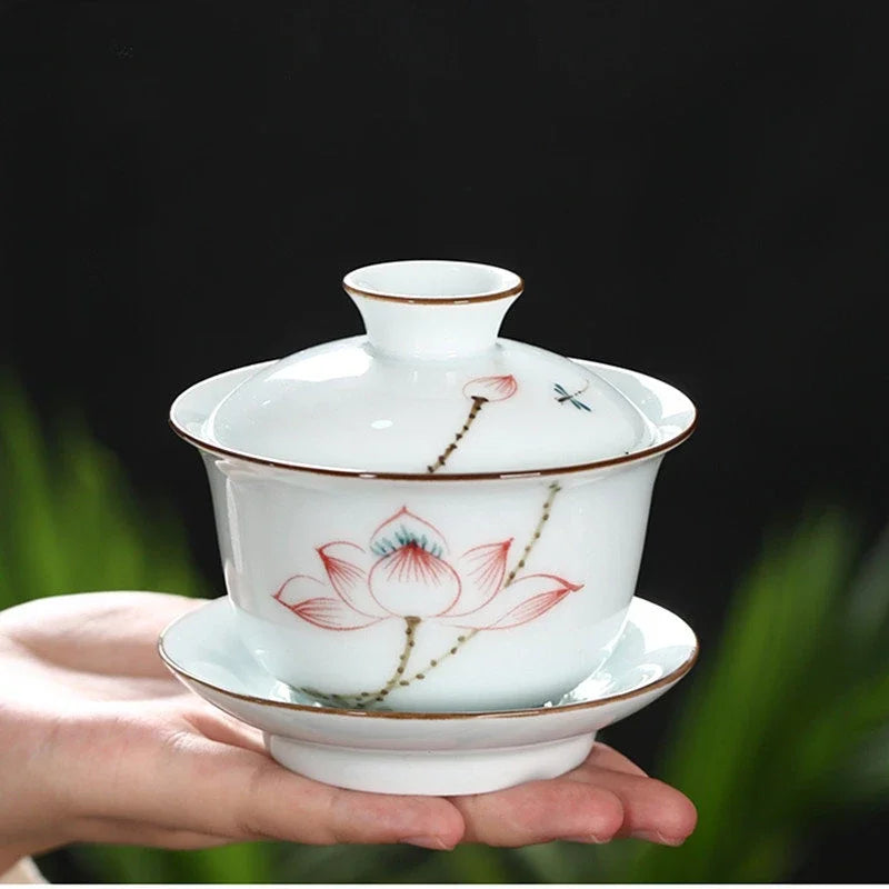 Hand-painted Ceramic Tea Tureen Chinese Portable Tea Maker Three-cai Gaiwan Home White Porcelain Tea Set with Cover Teacup 200ml