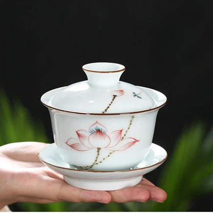 Hand-painted Ceramic Tea Tureen Chinese Portable Tea Maker Three-cai Gaiwan Home White Porcelain Tea Set with Cover Teacup 200ml
