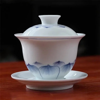 Hand-painted Ceramic Tea Tureen Chinese Portable Tea Maker Three-cai Gaiwan Home White Porcelain Tea Set with Cover Teacup 200ml