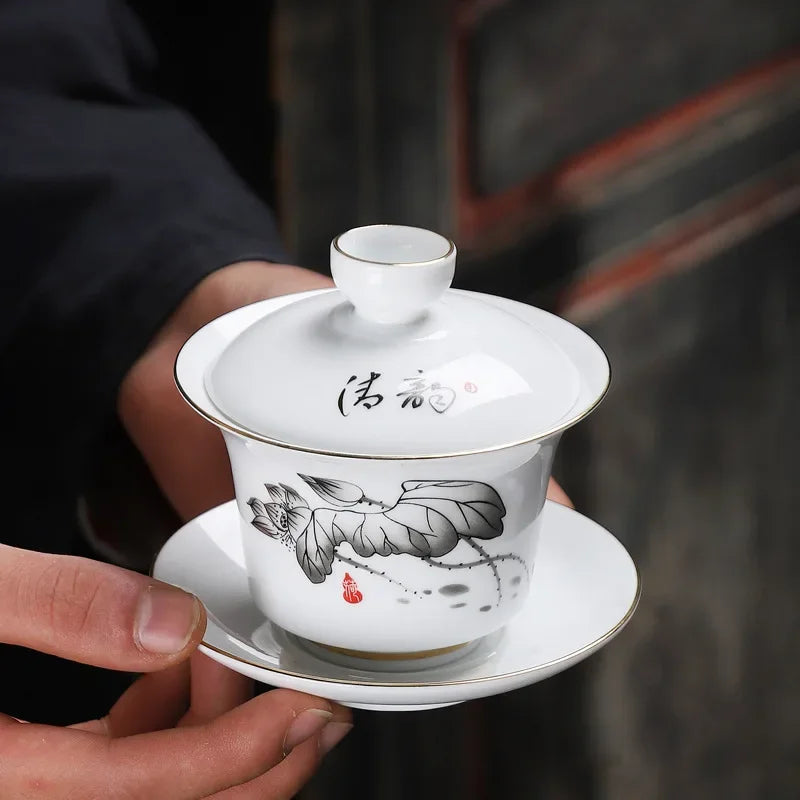 Hand-painted Crane White Porcelain Gaiwan Chinese Tea Ceremony Tea Set Soup Tureen Soup With Lid Bowl Lotus Hand Drawing Gai Wan