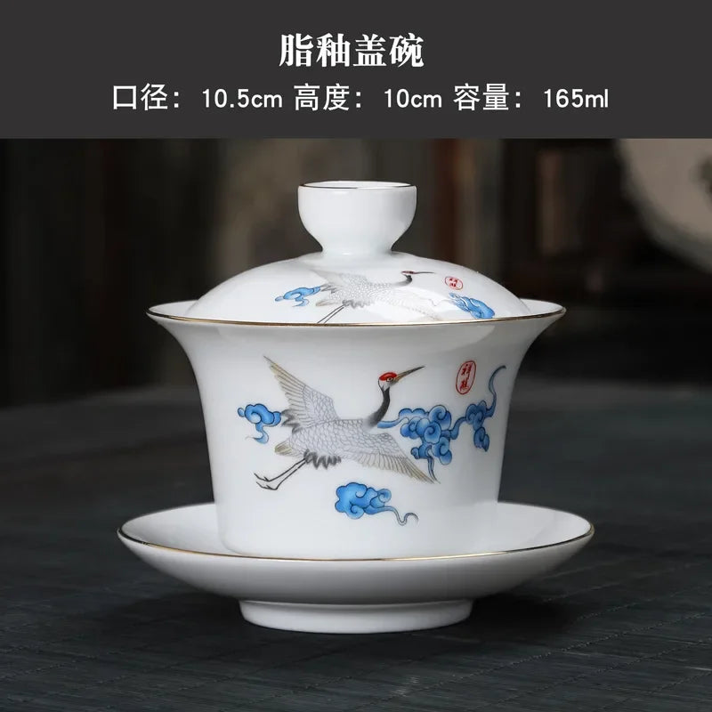 Hand-painted Crane White Porcelain Gaiwan Chinese Tea Ceremony Tea Set Soup Tureen Soup With Lid Bowl Lotus Hand Drawing Gai Wan