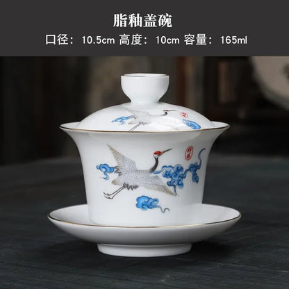 Hand-painted Crane White Porcelain Gaiwan Chinese Tea Ceremony Tea Set Soup Tureen Soup With Lid Bowl Lotus Hand Drawing Gai Wan