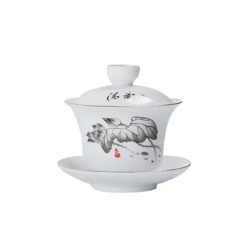 Hand-painted Crane White Porcelain Gaiwan Chinese Tea Ceremony Tea Set Soup Tureen Soup With Lid Bowl Lotus Hand Drawing Gai Wan