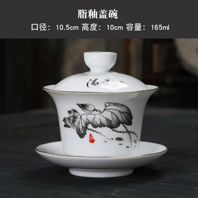 Hand-painted Crane White Porcelain Gaiwan Chinese Tea Ceremony Tea Set Soup Tureen Soup With Lid Bowl Lotus Hand Drawing Gai Wan