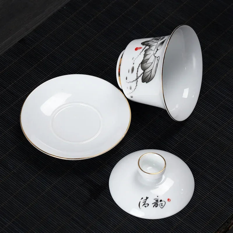 Hand-painted Crane White Porcelain Gaiwan Chinese Tea Ceremony Tea Set Soup Tureen Soup With Lid Bowl Lotus Hand Drawing Gai Wan