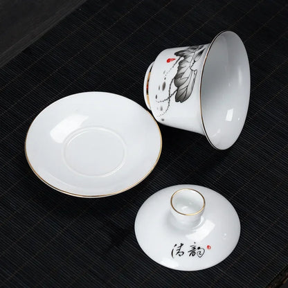 Hand-painted Crane White Porcelain Gaiwan Chinese Tea Ceremony Tea Set Soup Tureen Soup With Lid Bowl Lotus Hand Drawing Gai Wan