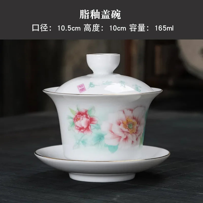 Hand-painted Crane White Porcelain Gaiwan Chinese Tea Ceremony Tea Set Soup Tureen Soup With Lid Bowl Lotus Hand Drawing Gai Wan