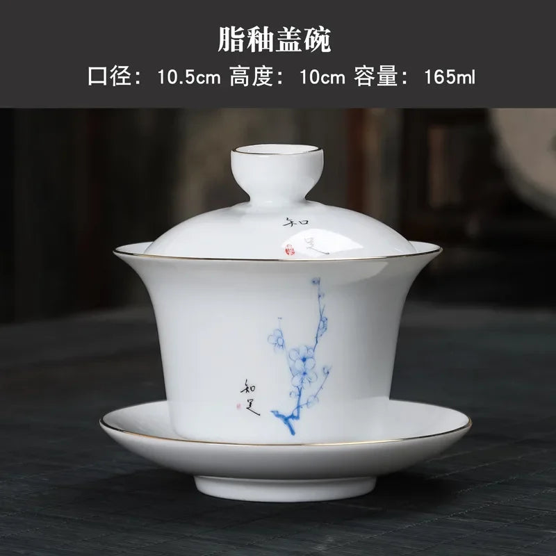 Hand-painted Crane White Porcelain Gaiwan Chinese Tea Ceremony Tea Set Soup Tureen Soup With Lid Bowl Lotus Hand Drawing Gai Wan