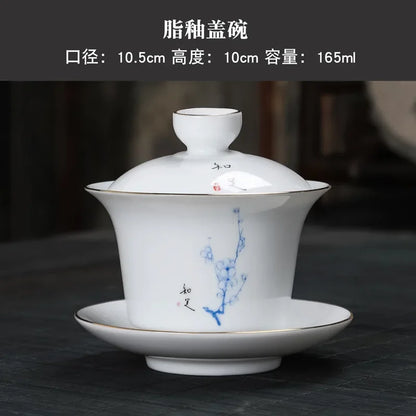 Hand-painted Crane White Porcelain Gaiwan Chinese Tea Ceremony Tea Set Soup Tureen Soup With Lid Bowl Lotus Hand Drawing Gai Wan