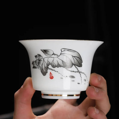 Hand-painted Crane White Porcelain Gaiwan Chinese Tea Ceremony Tea Set Soup Tureen Soup With Lid Bowl Lotus Hand Drawing Gai Wan