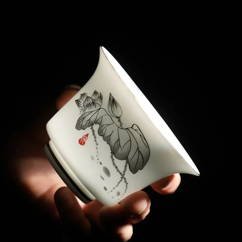 Hand-painted Crane White Porcelain Gaiwan Chinese Tea Ceremony Tea Set Soup Tureen Soup With Lid Bowl Lotus Hand Drawing Gai Wan