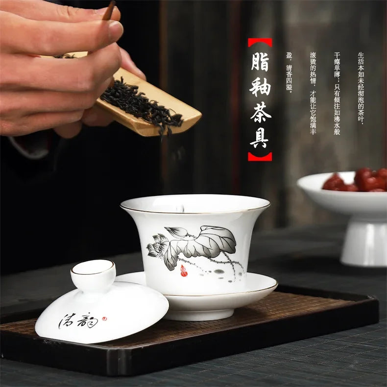 Hand-painted Crane White Porcelain Gaiwan Chinese Tea Ceremony Tea Set Soup Tureen Soup With Lid Bowl Lotus Hand Drawing Gai Wan