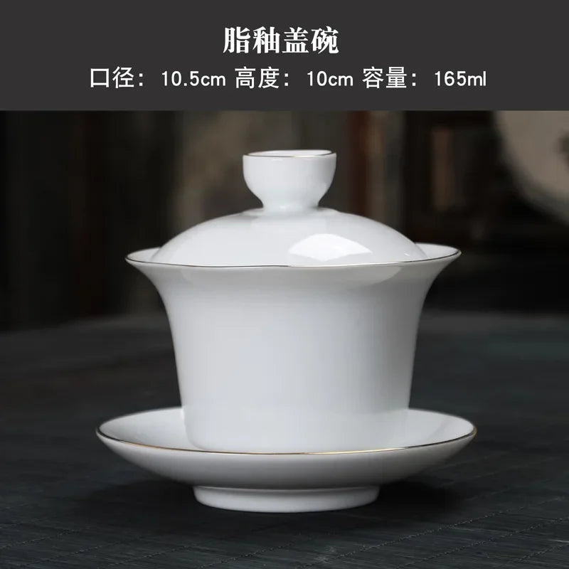Hand-painted Crane White Porcelain Gaiwan Chinese Tea Ceremony Tea Set Soup Tureen Soup With Lid Bowl Lotus Hand Drawing Gai Wan